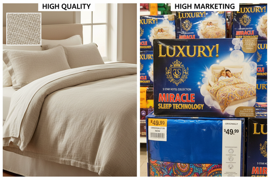 Photo comparison of a high quality bedding versus a high marketing bedding